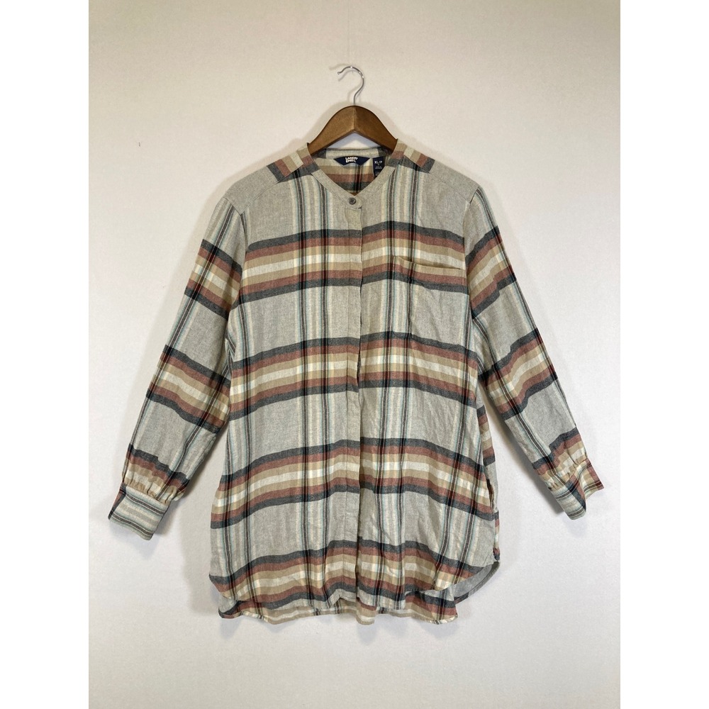 Cabincore Lands End Womens XL Petite Gray Plaid Cotton Flannel Band Collar Tunic